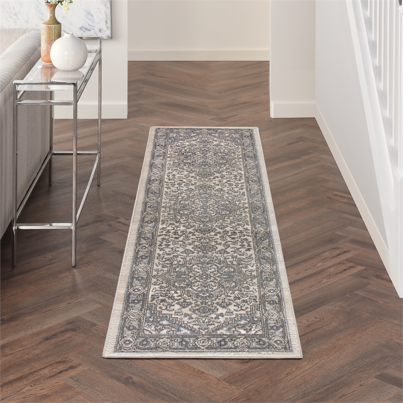 Nourison Concerto 8' Runner Ivory Blue Fabric Vintage Area Rug (8' Runner)