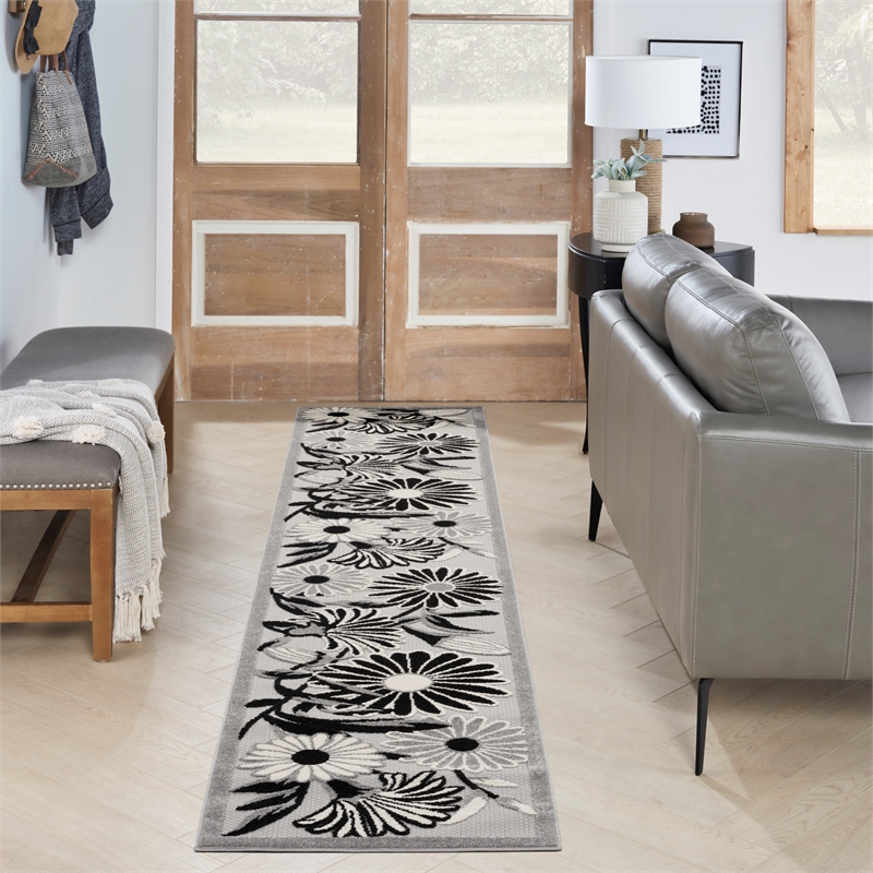 Nourison Aloha 12' Runner Black White Fabric Contemporary Area Rug (12' Runner)