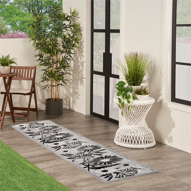 Nourison Aloha 12' Runner Black White Fabric Contemporary Area Rug (12' Runner)