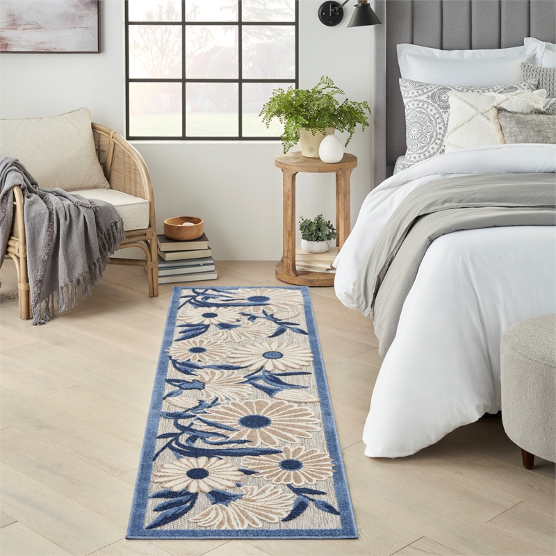 Nourison Aloha 12' Runner Blue Gray Fabric Contemporary Area Rug (12' Runner)