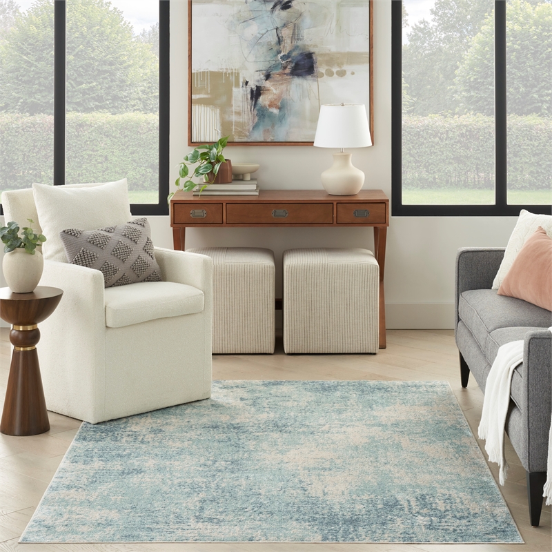 Nourison Astra Machine Washable 4' x 6' Blue Ivory Modern Fabric Indoor Rug