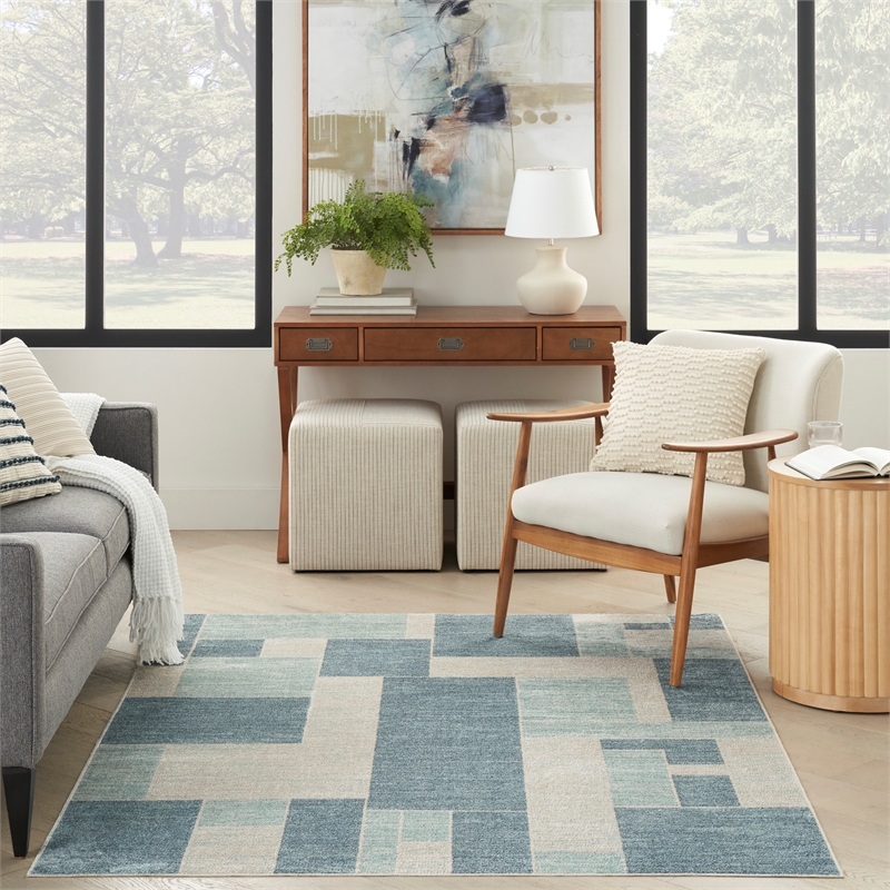Nourison Astra Machine Washable 4' x 6' Blue Ivory Modern Fabric Indoor Rug