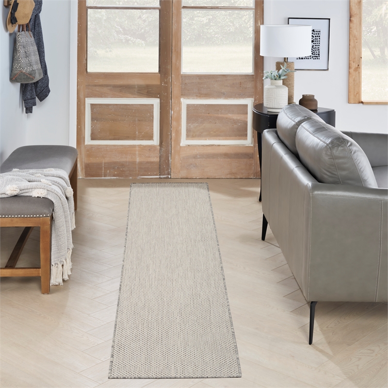Nourison Courtyard 20' Runner' Ivory Silver Fabric Modern Area Rug