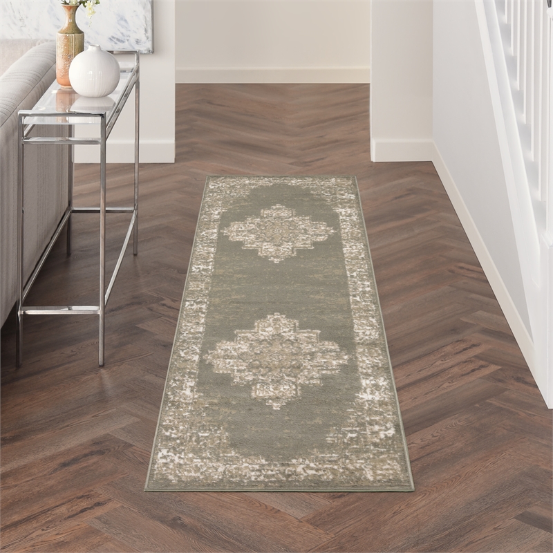 Nourison Grafix 8' Runner Olive Fabric Vintage Area Rug (8' Runner)