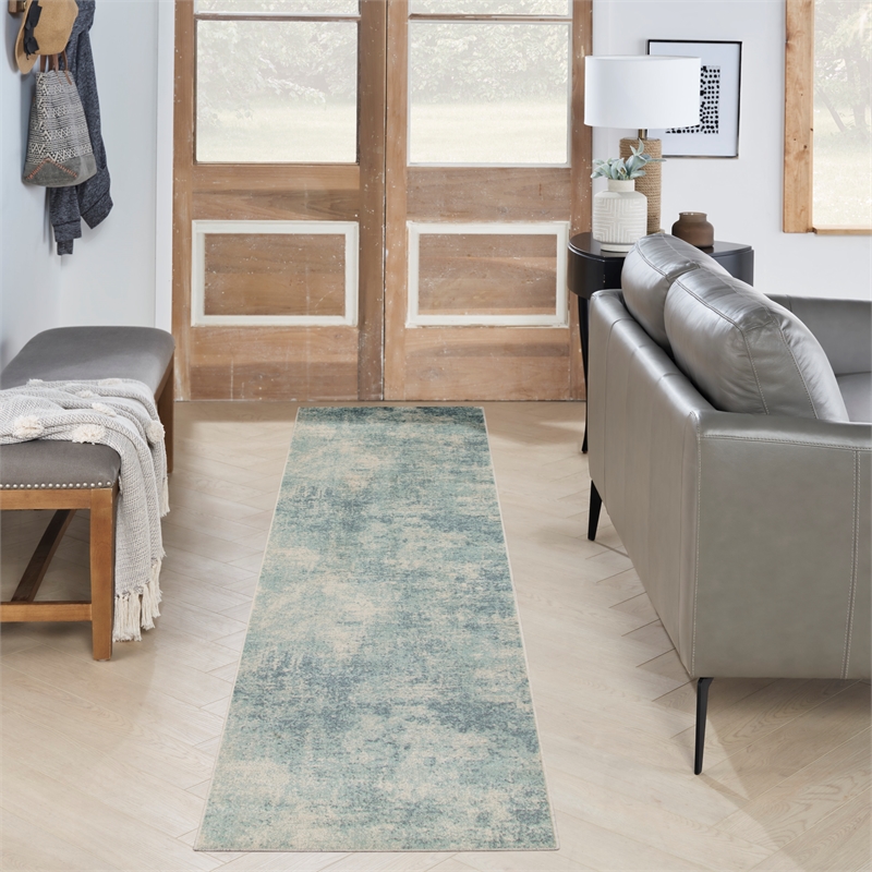 Nourison Home Astra Machine Washable 8' Runner Blue Ivory   Area Rug