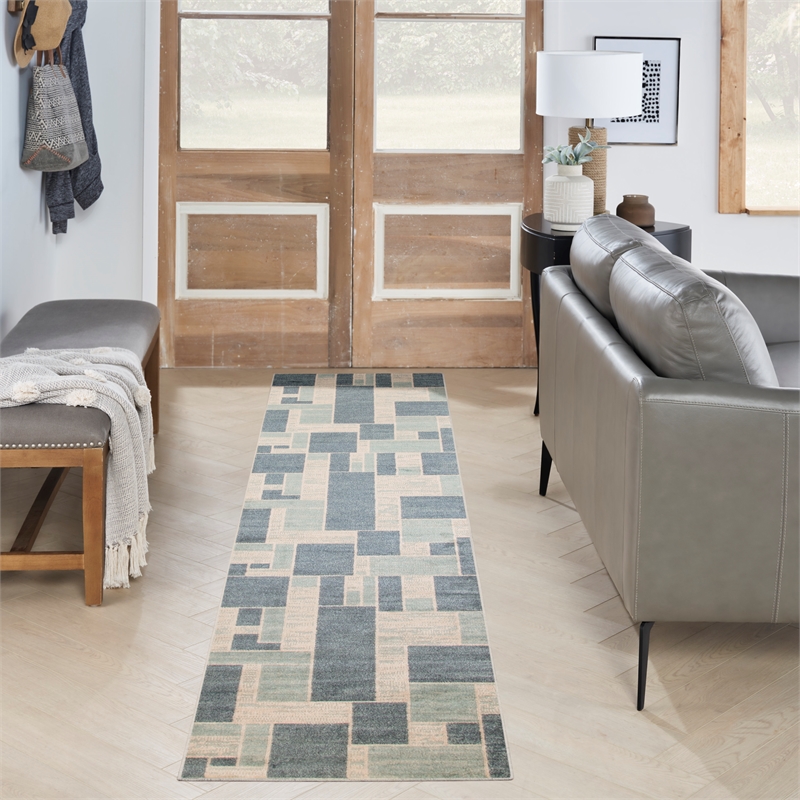 Nourison Home Astra Machine Washable 10' Runner Blue Ivory   Area Rug