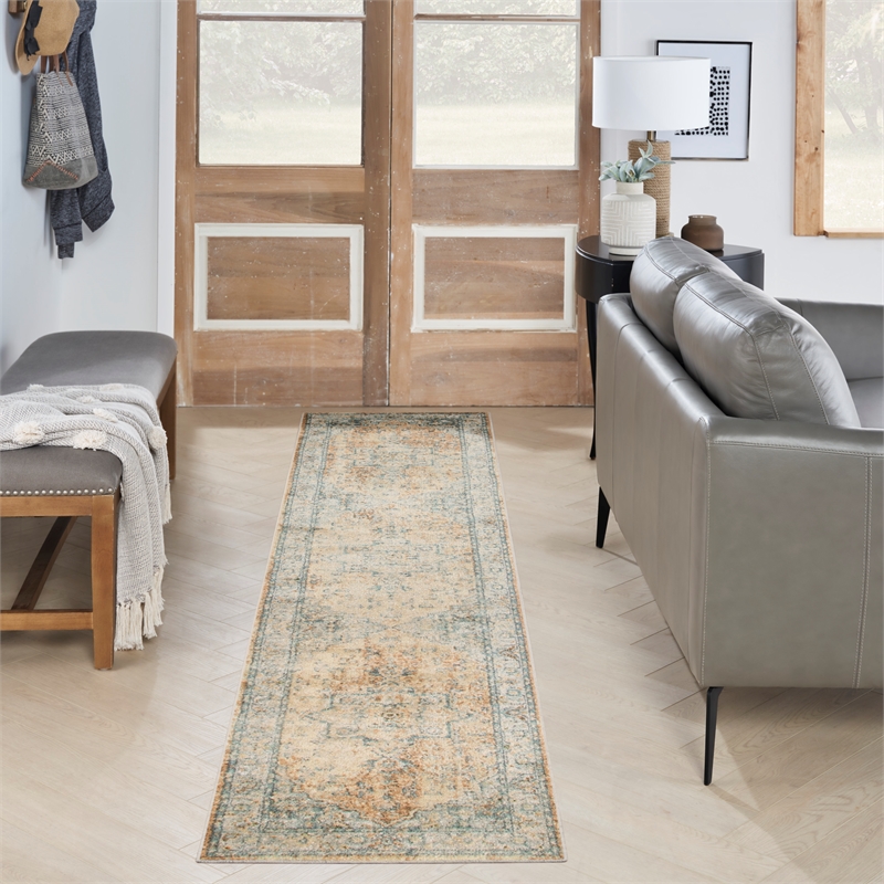 Nourison Home Astra Machine Washable 8' Runner Beige Blue Fabric Area Rug