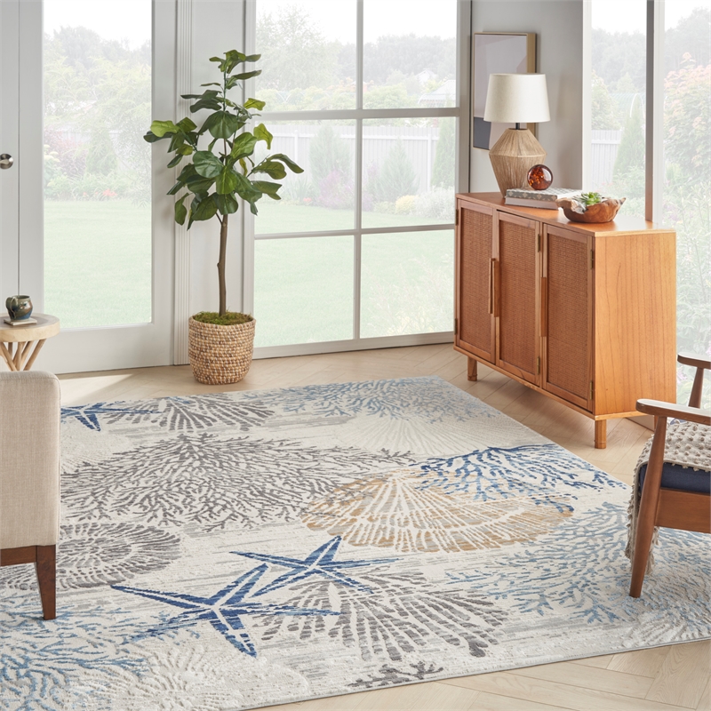 nourison pompeii 9' x 12' ivory gray blue fabric nautical & beach area rug