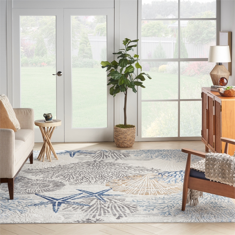 nourison pompeii 9' x 12' ivory gray blue fabric nautical & beach area rug