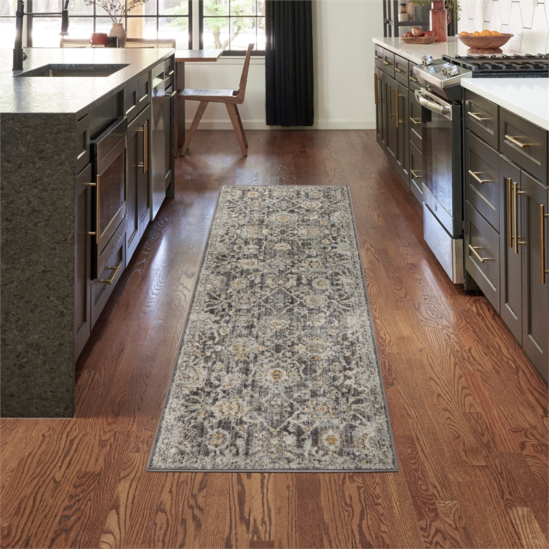 Nourison Oushak Home 8' Runner Charcoal Fabric Vintage Indoor Rug