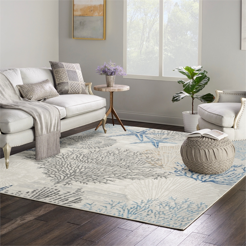 Nourison Pompeii 8' x Square Ivory Gray Blue Fabric Nautical & Beach Area Rug