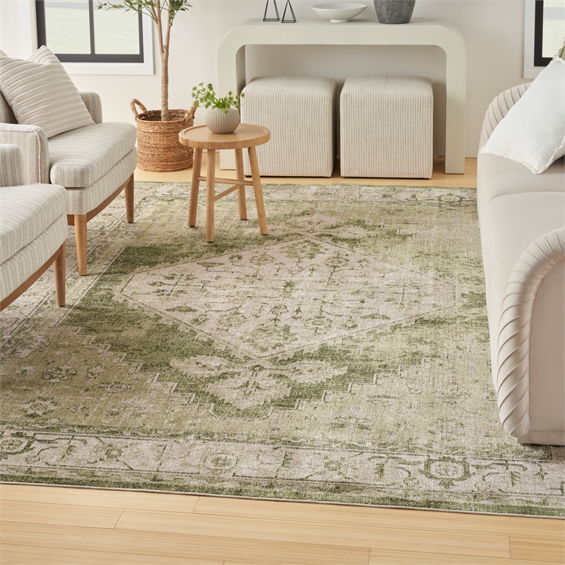 Nourison Home Astra Machine Washable 9' x 12' Fabric Ivory Green Area Rug