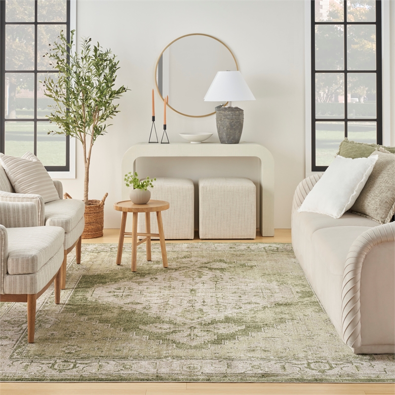 Nourison Home Astra Machine Washable 9' x 12' Fabric Ivory Green Area Rug