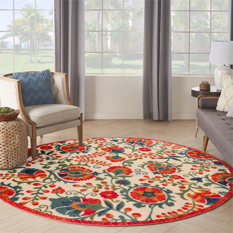 Nourison Aloha 5' x Round Red Multicolor Fabric Farmhouse Area Rug (5' Round)