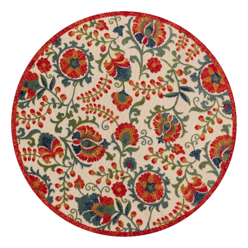 Nourison Aloha 5' x Round Red Multicolor Fabric Farmhouse Area Rug (5' Round)