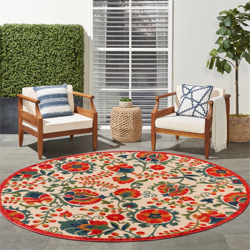 Nourison Aloha 8' x Round Red Multicolor Fabric Farmhouse Area Rug (8' Round)
