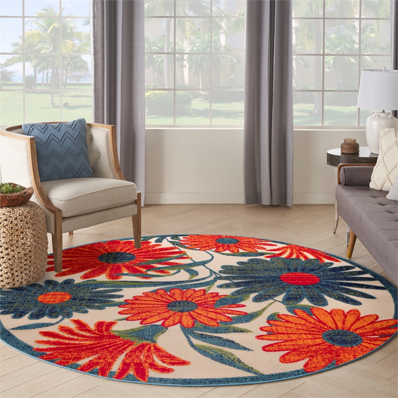 Nourison Aloha 8' x Round Ivory Multicolor Fabric Outdoor Area Rug (8' Round)