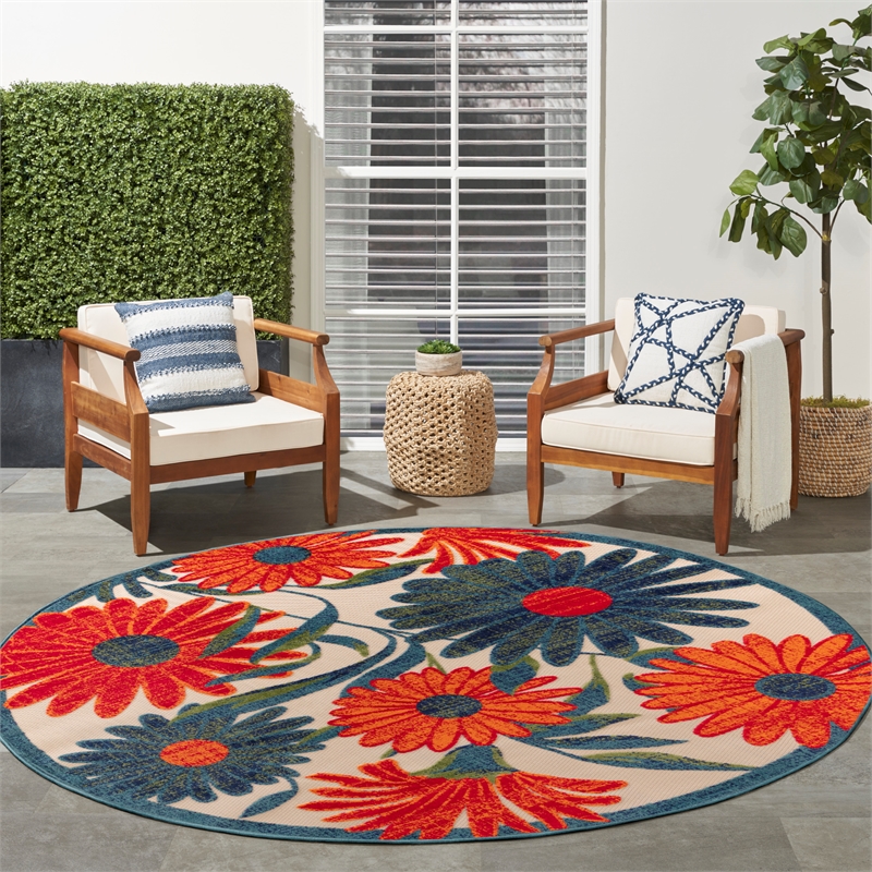 Nourison Aloha 8' x Round Ivory Multicolor Fabric Outdoor Area Rug (8' Round)