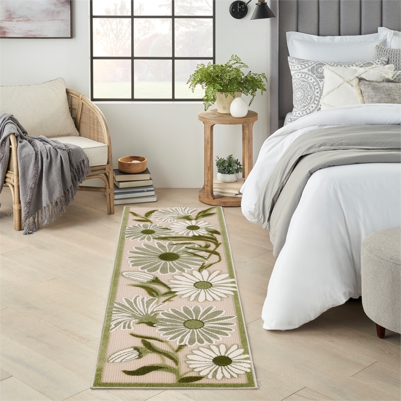 Nourison Aloha 8' Runner Ivory Green Fabric Outdoor Area Rug (8' Runner)