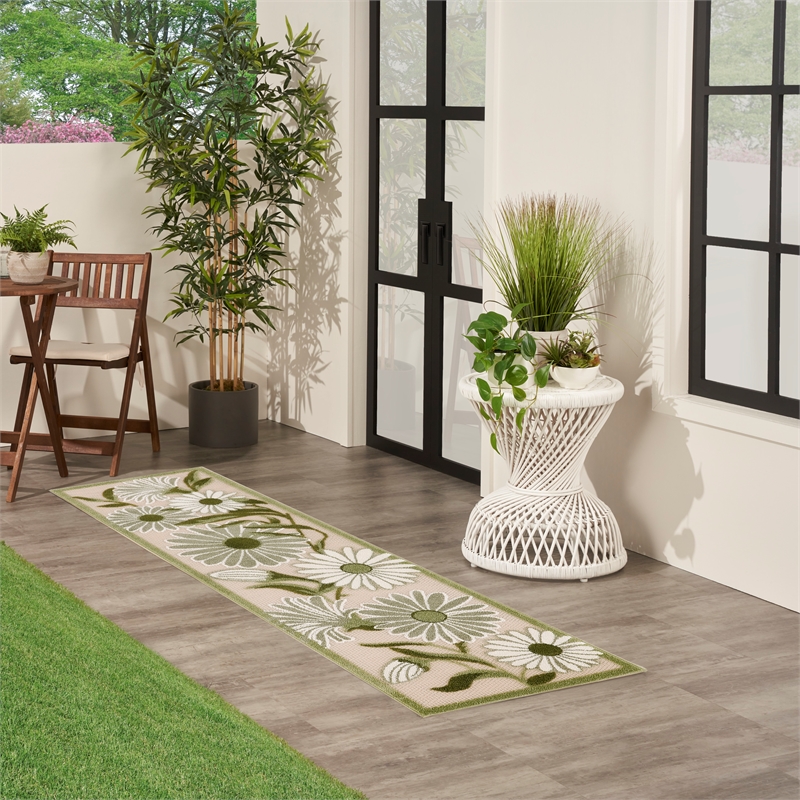 Nourison Aloha 8' Runner Ivory Green Fabric Outdoor Area Rug (8' Runner)