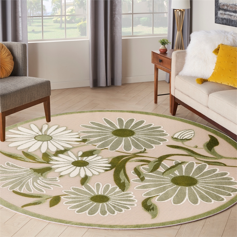 Nourison Aloha 5' x Round Ivory Green Fabric Outdoor Area Rug (5' Round)