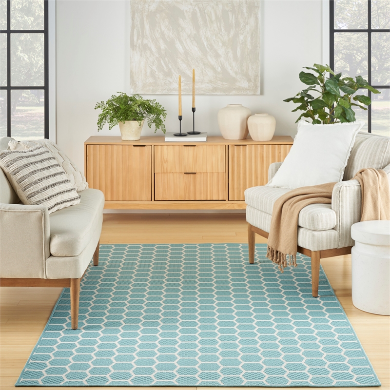 Nourison Reversible Indoor Outdoor 4' x 6' Aqua Fabric Contemporary Area Rug