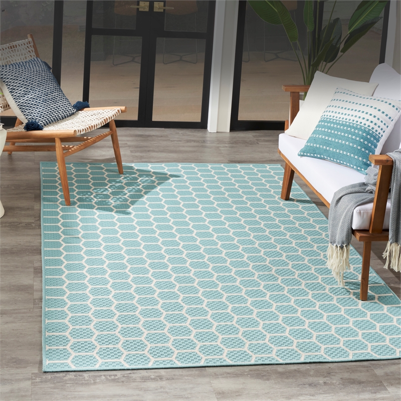 Nourison Reversible Indoor Outdoor 4' x 6' Aqua Fabric Contemporary Area Rug