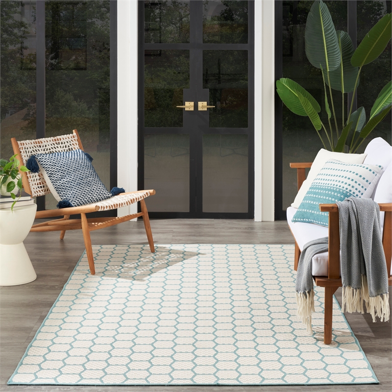 Nourison Reversible Indoor Outdoor 6' x 9' Aqua Fabric Contemporary Area Rug