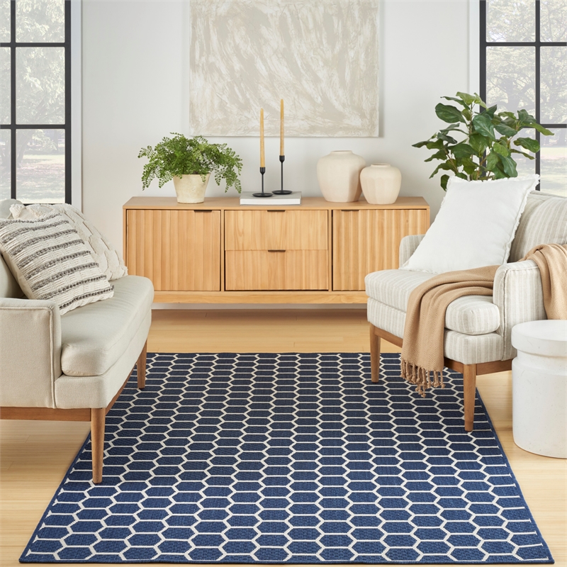 Nourison Reversible Indoor Outdoor 4' x 6' Navy Fabric Contemporary Area Rug