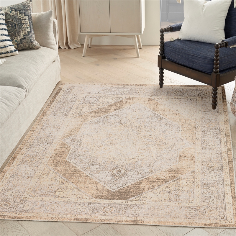 Nourison Astra Machine Washable Center medallion Beige Fabric Area Rug (4' x 6')