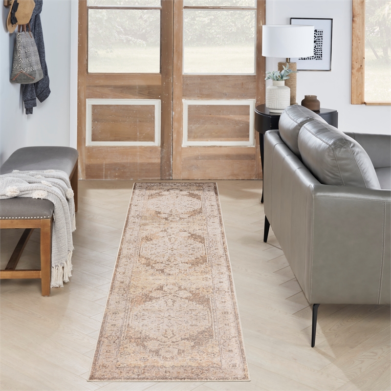 Nourison Astra Machine Washable Center medallion Beige  Area Rug (10' Runner)