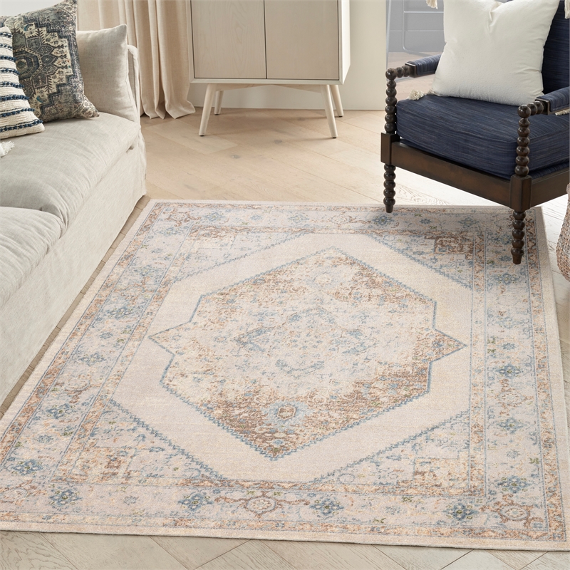 Nourison Astra Machine Washable Center medallion Ivory Blue  Area Rug (4' x 6')