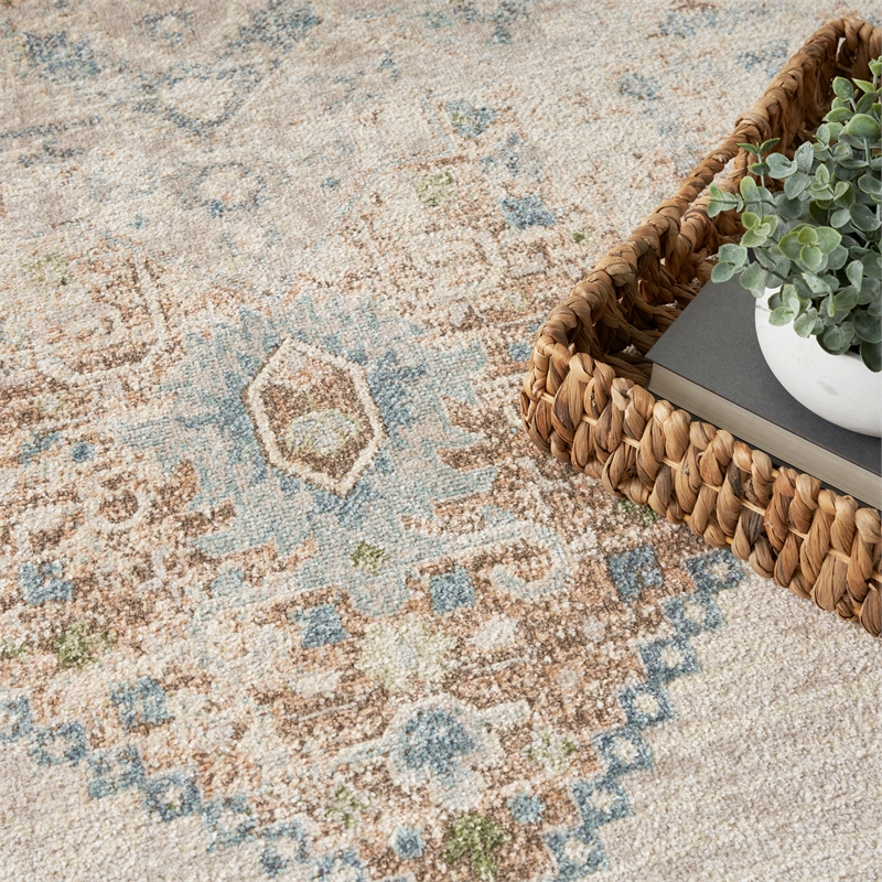 Nourison Astra Machine Washable Center medallion Ivory Blue  Area Rug (4' x 6')