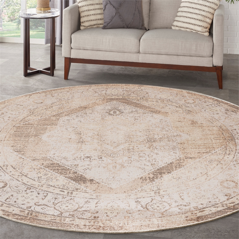 Nourison Astra Machine Washable Center medallion Beige  Area Rug (5' Round)