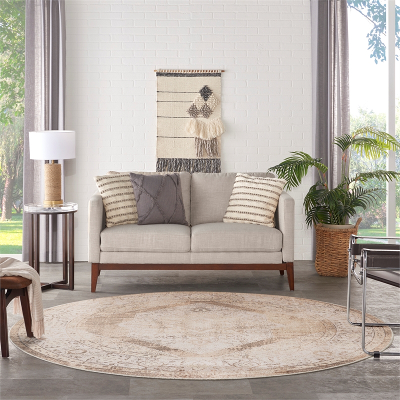 Nourison Astra Machine Washable Center medallion Beige  Area Rug (5' Round)