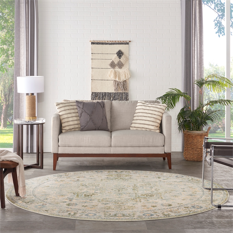 Nourison Astra Machine Washable Center medallion Blue Green  Area Rug (5' Round)