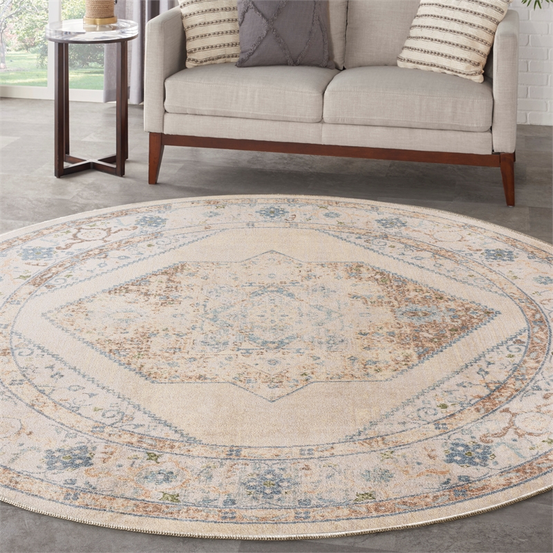 Nourison Astra Machine Washable Center medallion Ivory Blue  Area Rug (5' Round)