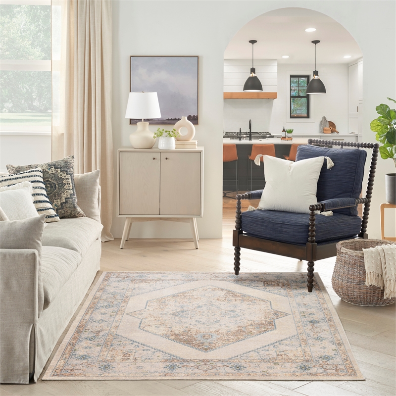 Nourison Astra Machine Washable Center medallion Ivory Blue  Area Rug (5' x 7')