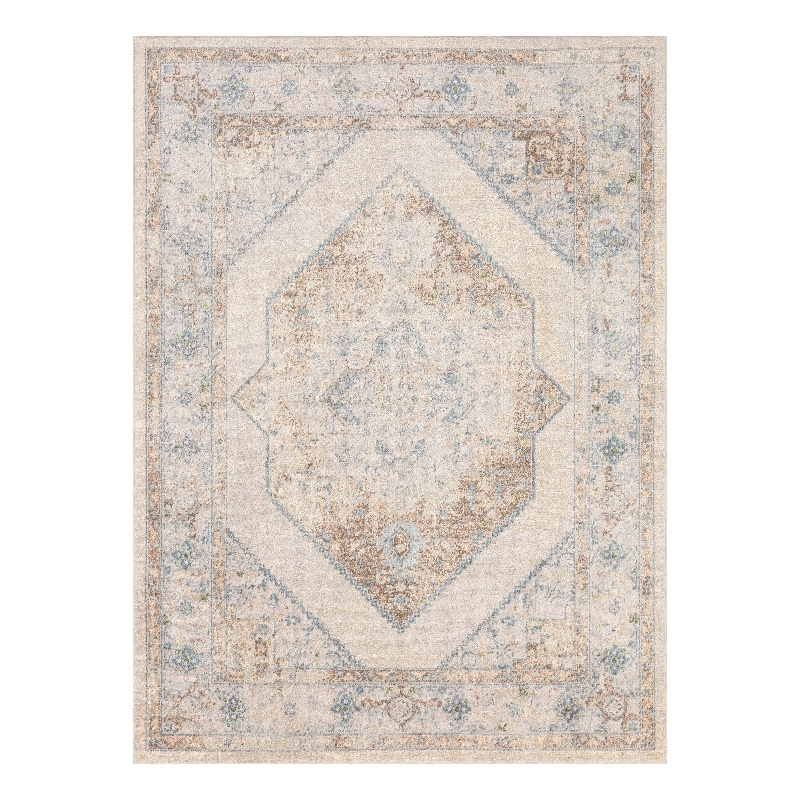 Nourison Astra Machine Washable Center medallion Ivory Blue  Area Rug (5' x 7')