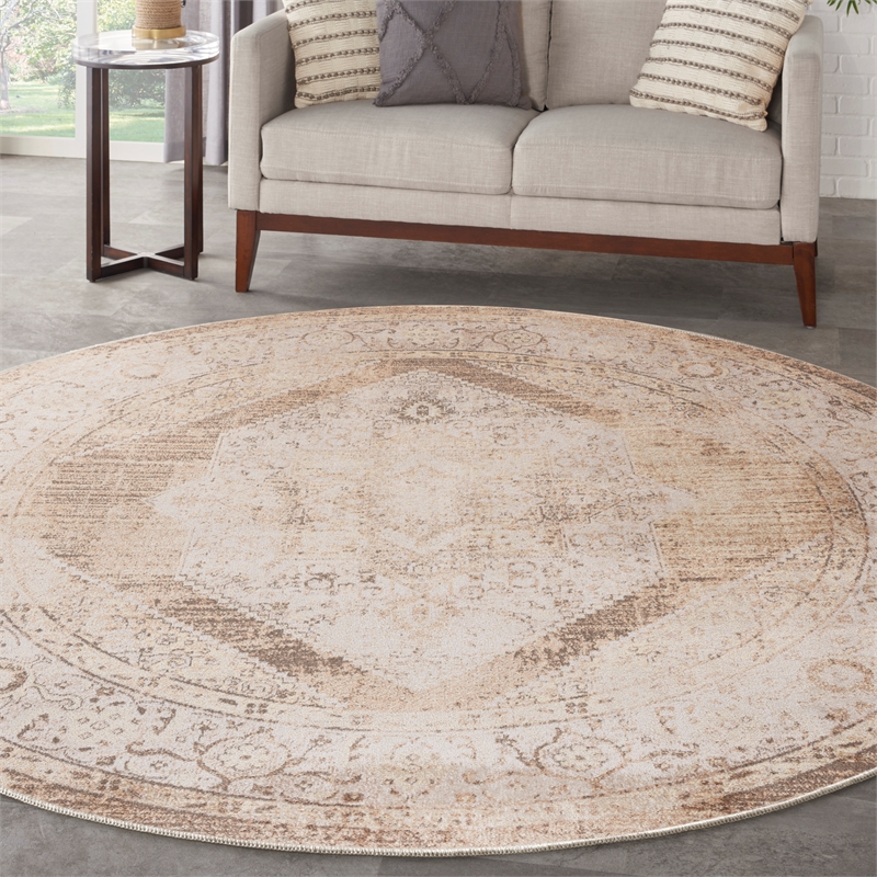 Nourison Astra Machine Washable Center medallion Beige  Area Rug (8' Round)