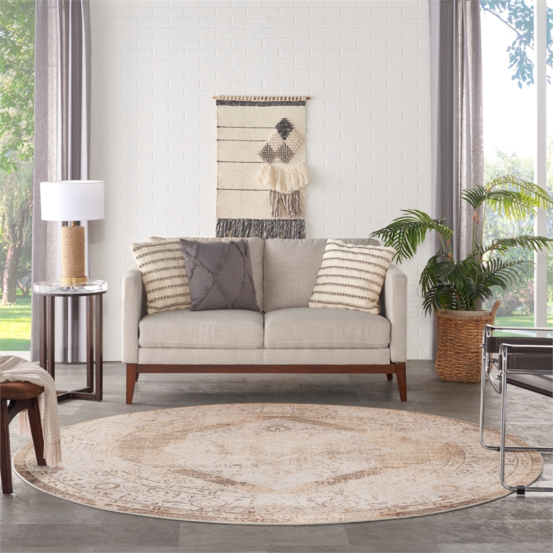 Nourison Astra Machine Washable Center medallion Beige  Area Rug (8' Round)