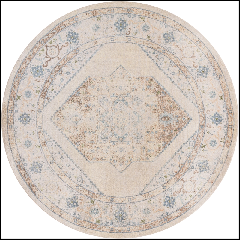 Nourison Astra Machine Washable Center medallion Ivory Blue  Area Rug (8' Round)