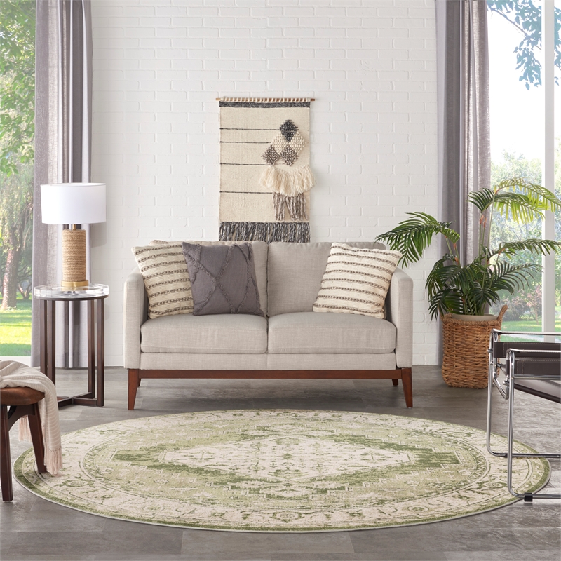 Nourison Astra Machine Washable Center medallion Ivory Green Rug (8' Round)