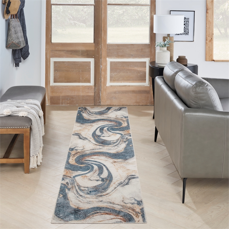Nourison Home Astra Machine Washable 8' Runner Ivory Blue   Area Rug