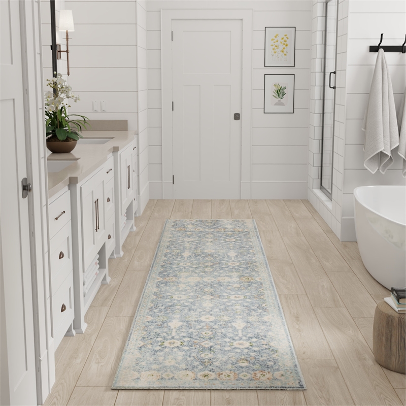 Nourison Home Astra Machine Washable 8' Runner Teal Beige   Area Rug