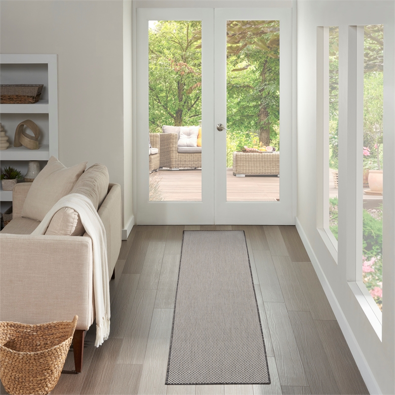 Nourison Courtyard 6' Runner Ivory Charcoal Fabric Area Rug