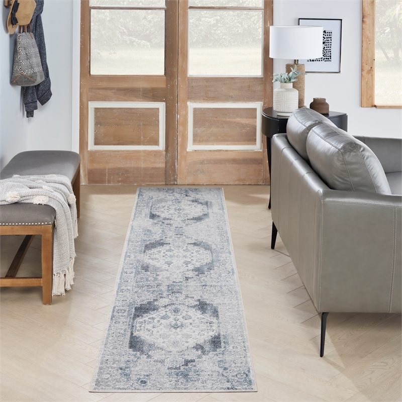 Nourison Astra Machine Washable 6' Runner Blue Ivory Fabric Area Rug