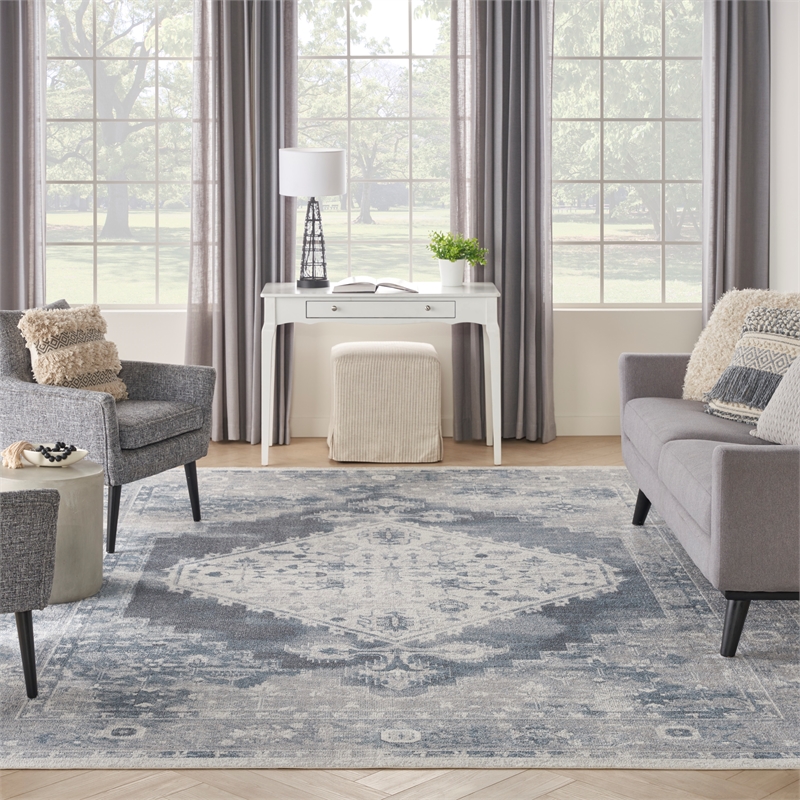 Nourison Astra Machine Washable 12' x 15' Blue Ivory Fabric Area Rug