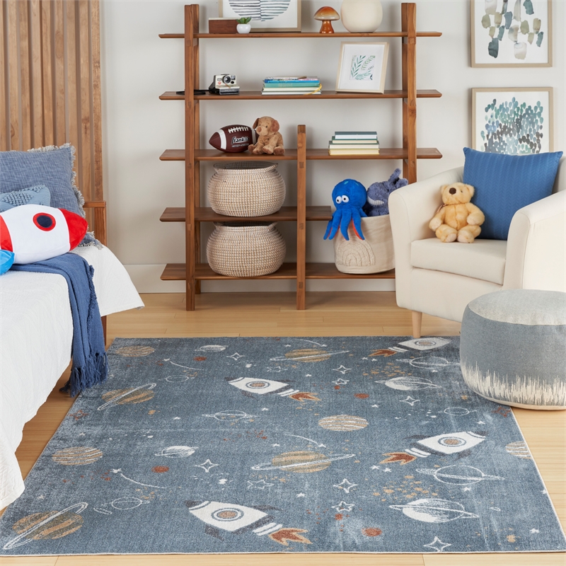 Nourison Astra Machine Washable 4' x 6' Blue Multi-Color Fabric Area Rug