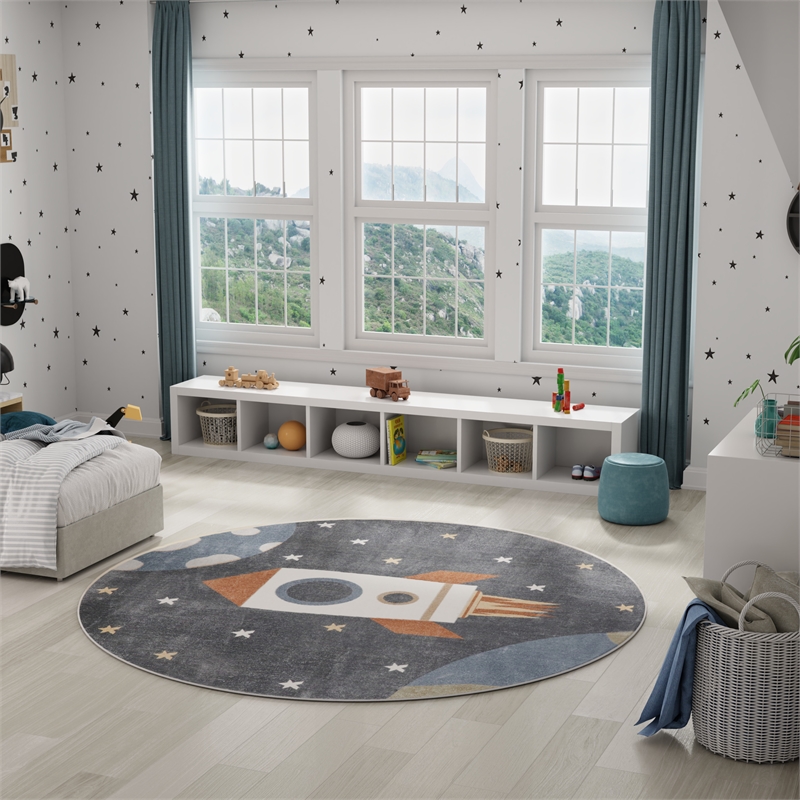 Nourison Astra Machine Washable 8' x Round Sky Blue Fabric Area Rug
